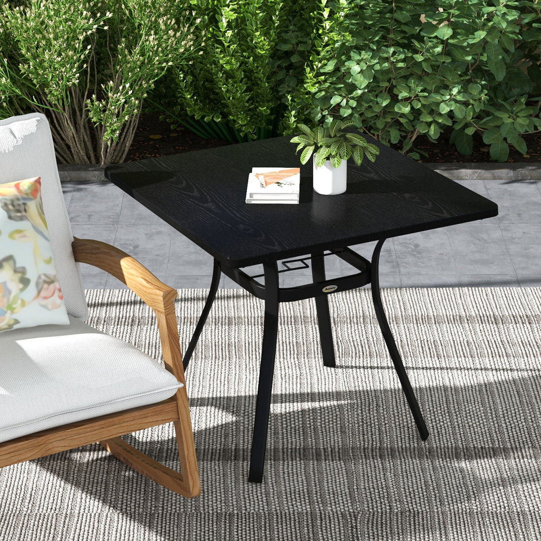 Four-Seater Steel Garden Table, with Φ40mm Parasol Hole - Black