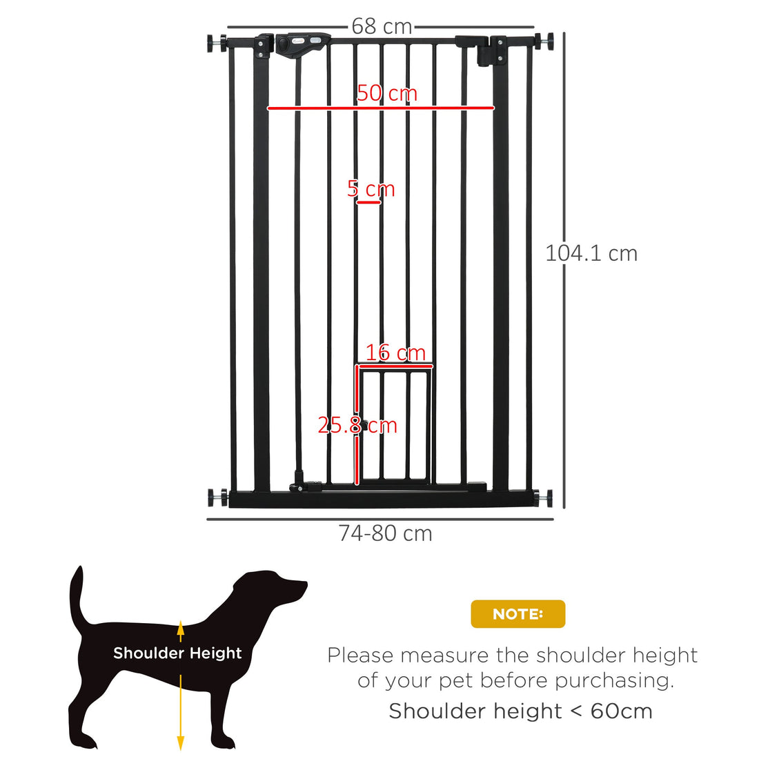 Extra Tall Pet Gate, Indoor Dog Safety Gate, with Cat Flap, Auto Close, 74-80cm Wide - Black