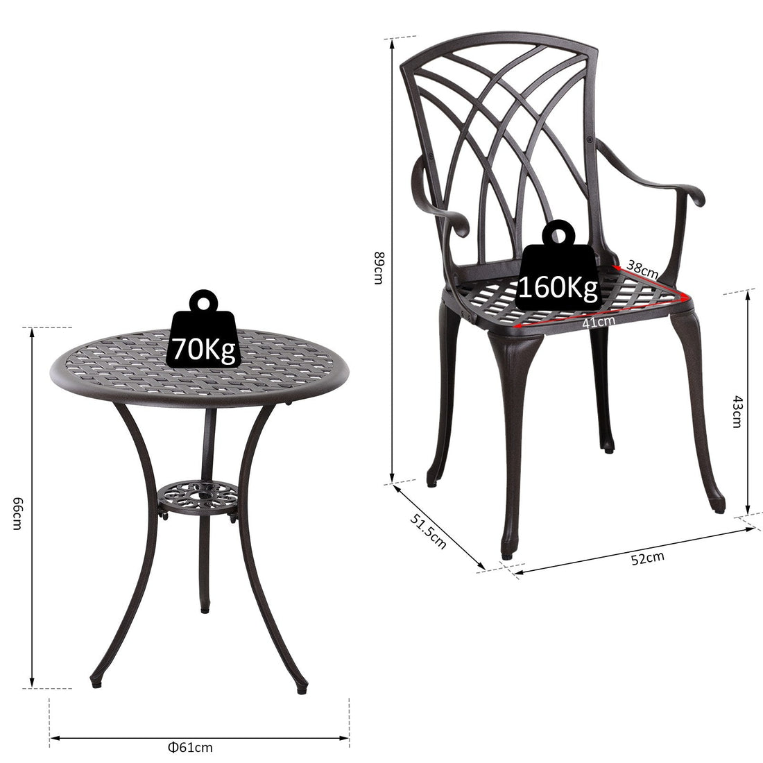 3 Pieces Garden Dining Set for 2, Cast Aluminium Outdoor Dining Set with 2 Armchairs and Round Dining Table with Parasol Hole, Garden Furniture Set, Brown