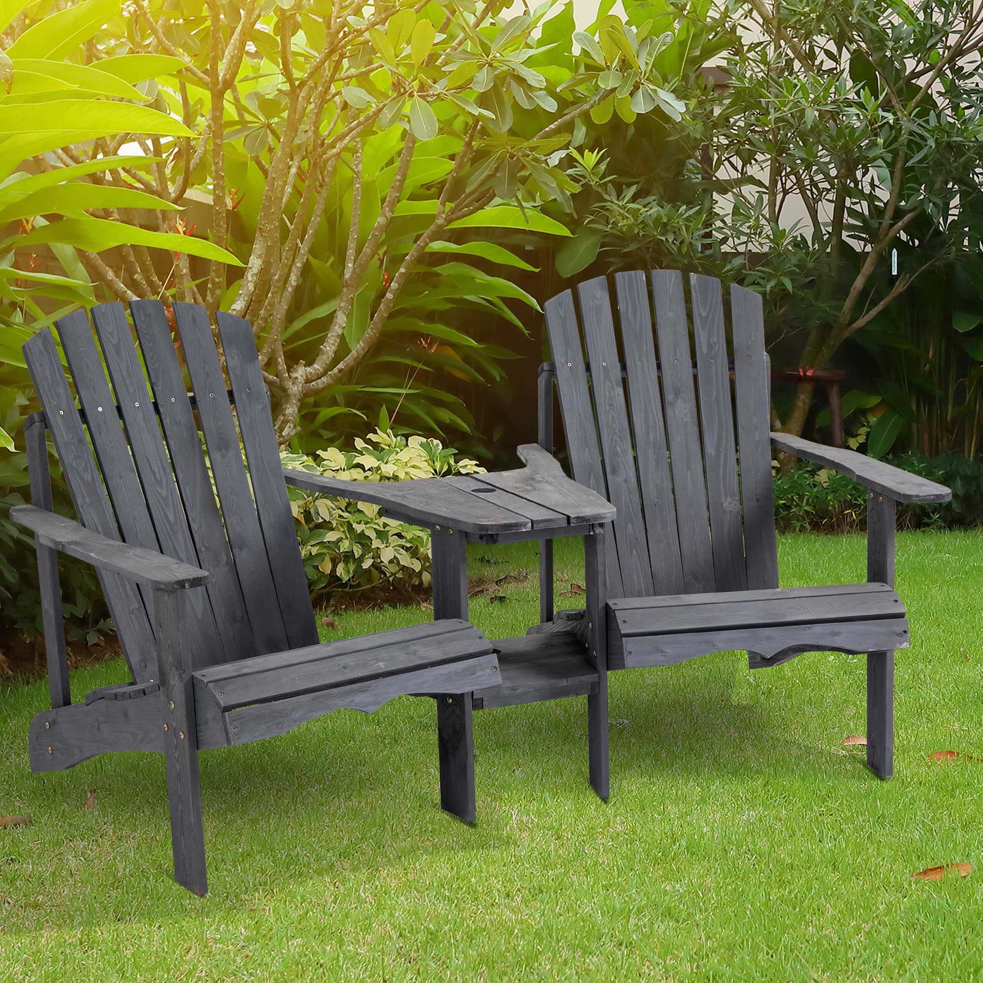 Wooden Outdoor Double Adirondack Chairs Loveseat w/ Centre Table and Umbrella Hole, Garden Patio Furniture for Lounging and Relaxing, Dark Grey