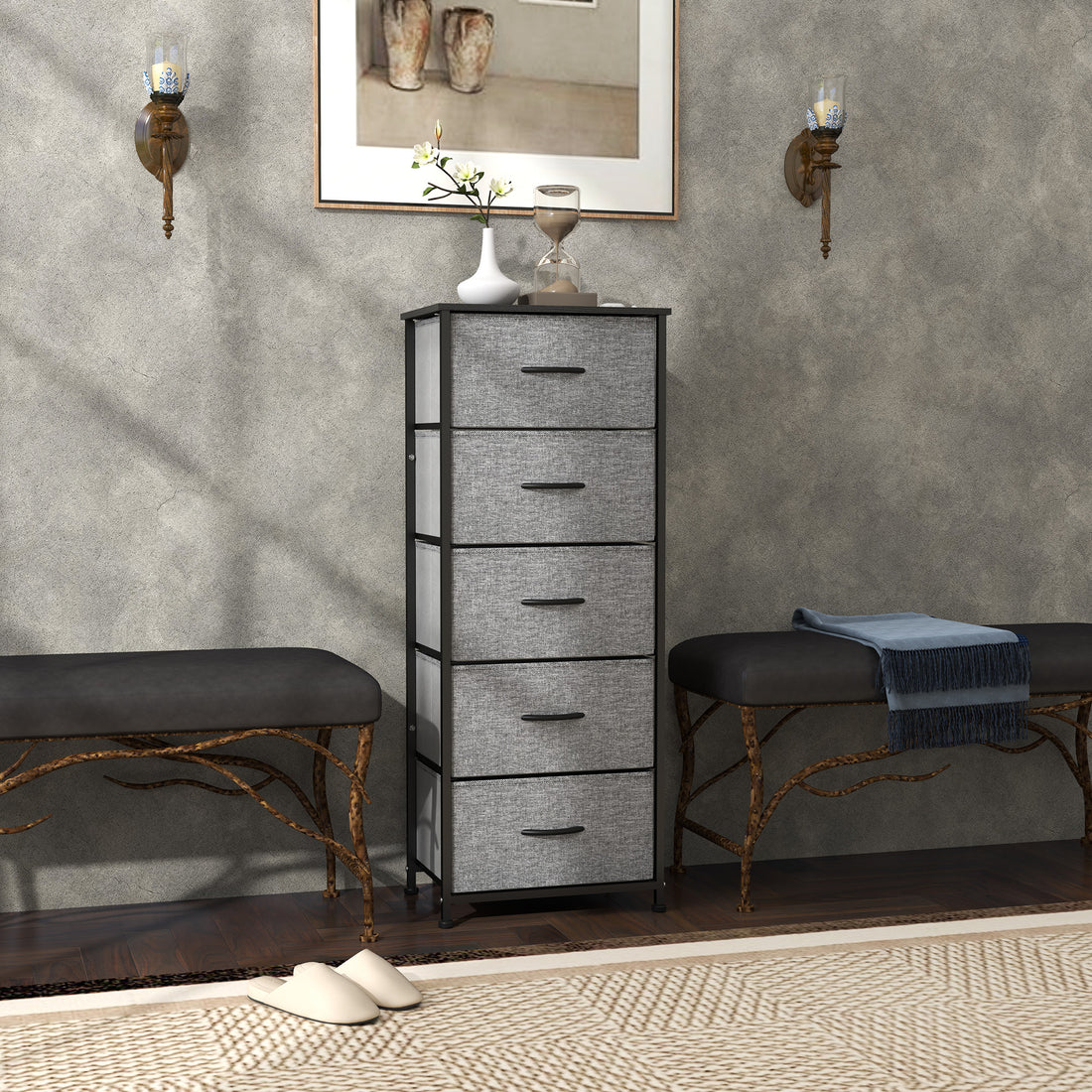 Fabric Chest of Drawers, Storage Drawers, Industrial Bedroom Dresser with 5 Fabric Drawers, Steel Frame and Wooden Top for Nursery, Living Room, Hallway, Dark Grey