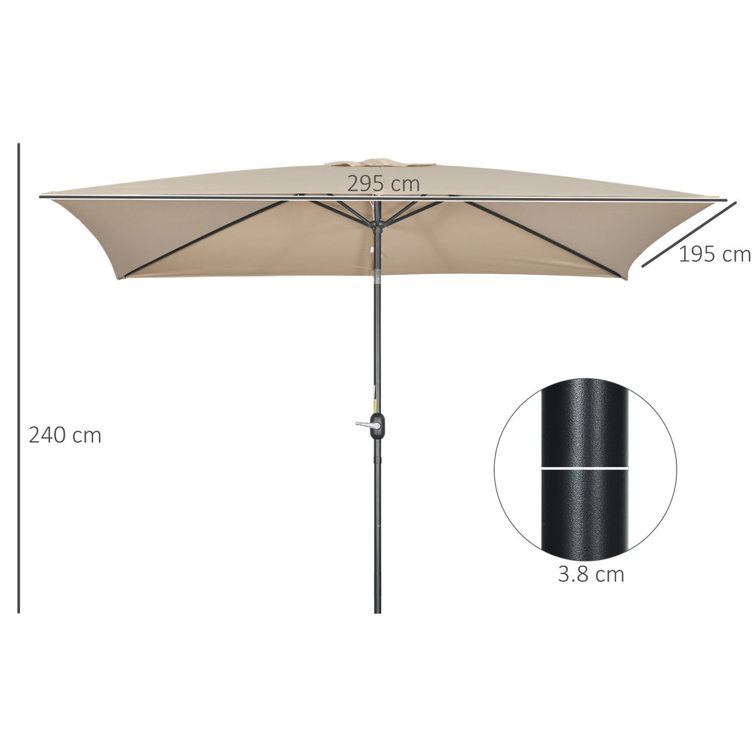 3x2m Patio Parasol Garden Umbrellas Canopy with Aluminium Tilt Crank Rectangular Sun Shade Steel, Khaki