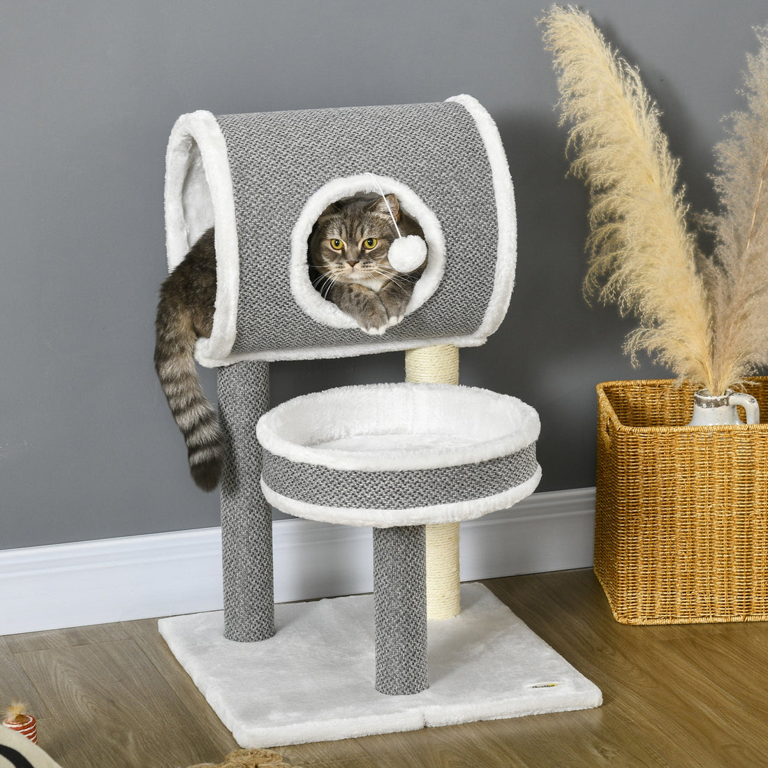 Cat Tree for Indoor Cats, with Scratching Post, Bed, Tunnel, Toy Ball, 48 x 48 x 73cm - White
