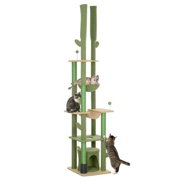 225-255cm Adjustable Floor to Ceiling Cat Tree, Tall Cat Tower for Indoor Cats w/ Scratching Posts, Green