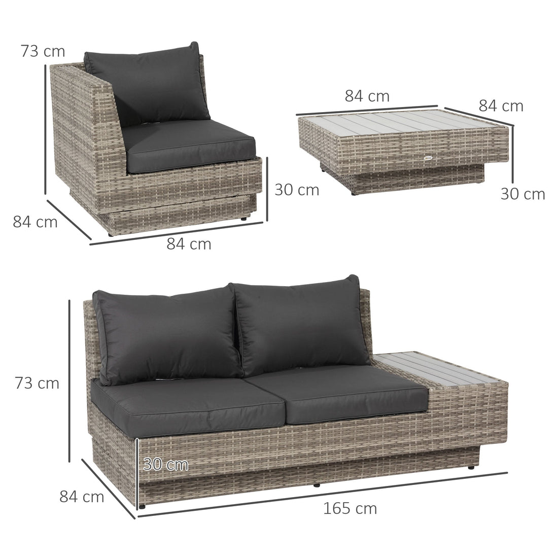 4 PCs Rattan Garden Furniture Outdoor Sectional Corner Sofa and Coffee Table Set Conservatory Wicker Weave Furniture with Armrest and Cushions - Light Grey