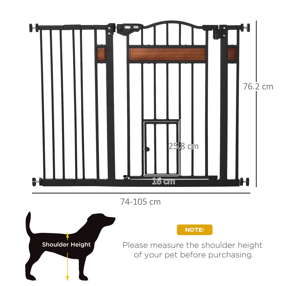 Pet Gate Safety Gate, with Cat Flap, Auto Close, for Staircases, Doorways, Hallways, 74-105cm Wide - Black
