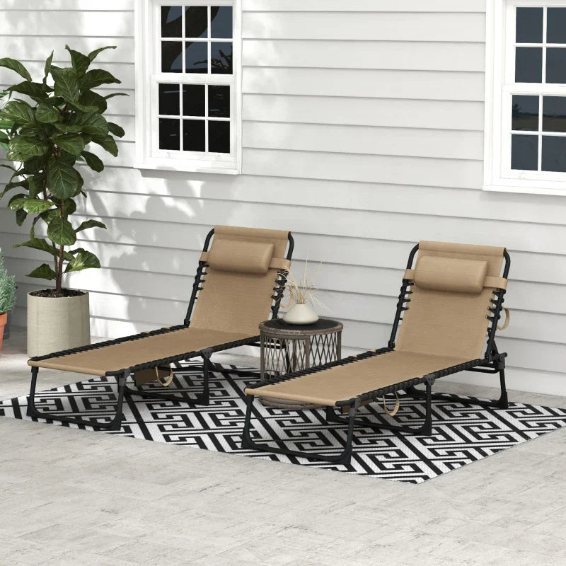 Portable Sun Lounger Set of 2, Folding Camping Bed Cot, Reclining Lounge Chair 5-position Adjustable Backrest with Side Pocket, Pillow for Patio Garden Beach Pool, Beige