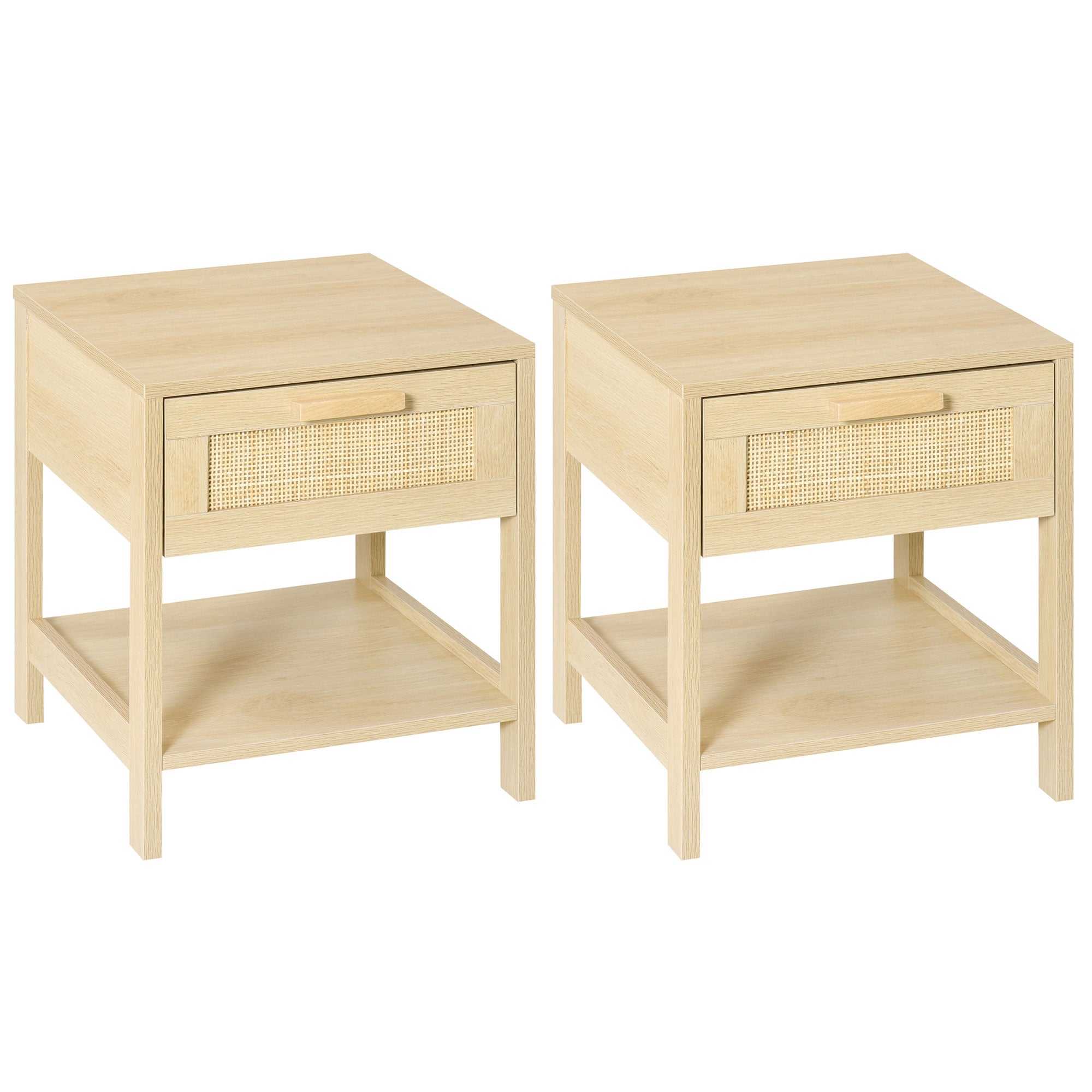 Bedside Table, Nightstand with Rattan Drawer and Storage Open Shelf, Farmhouse Side Table for Bedroom, Living Room, Set of 2