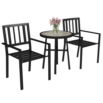 3 Piece Patio Bistro Set with Plastic Top, 2 Stackable Chairs, Galvanised Steel Frame, Grey