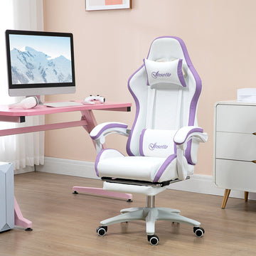 Computer Gaming Chair, PU Leather Desk Chair with Footrest, Swivel Task Chair with 135° Reclining Back and Lumbar Support, PC Chair for Adults, White and Purple