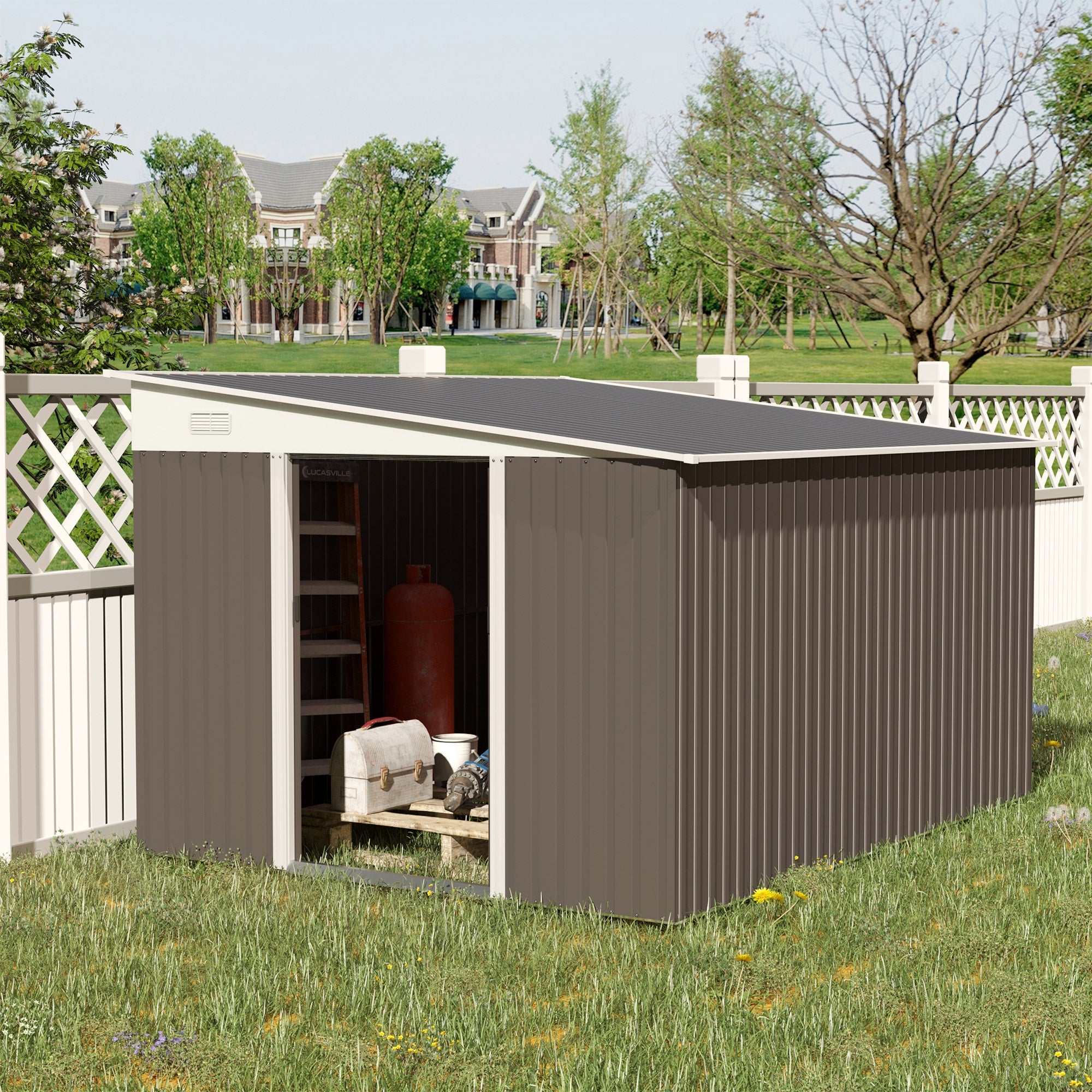 11.3 x 9.2ft Lean to Metal Garden Shed, Outdoor Galvanised Tool Storage House with Double Sliding Doors and 2 Air Vents, Grey