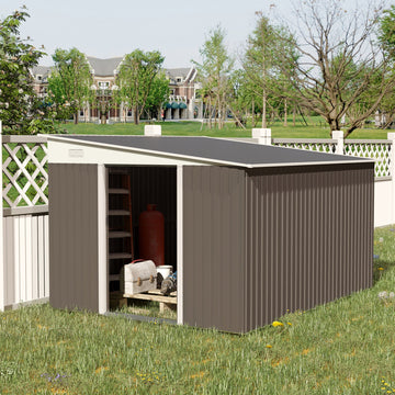 11.3 x 9.2ft Lean to Metal Garden Shed, Outdoor Galvanised Tool Storage House with Double Sliding Doors and 2 Air Vents, Grey