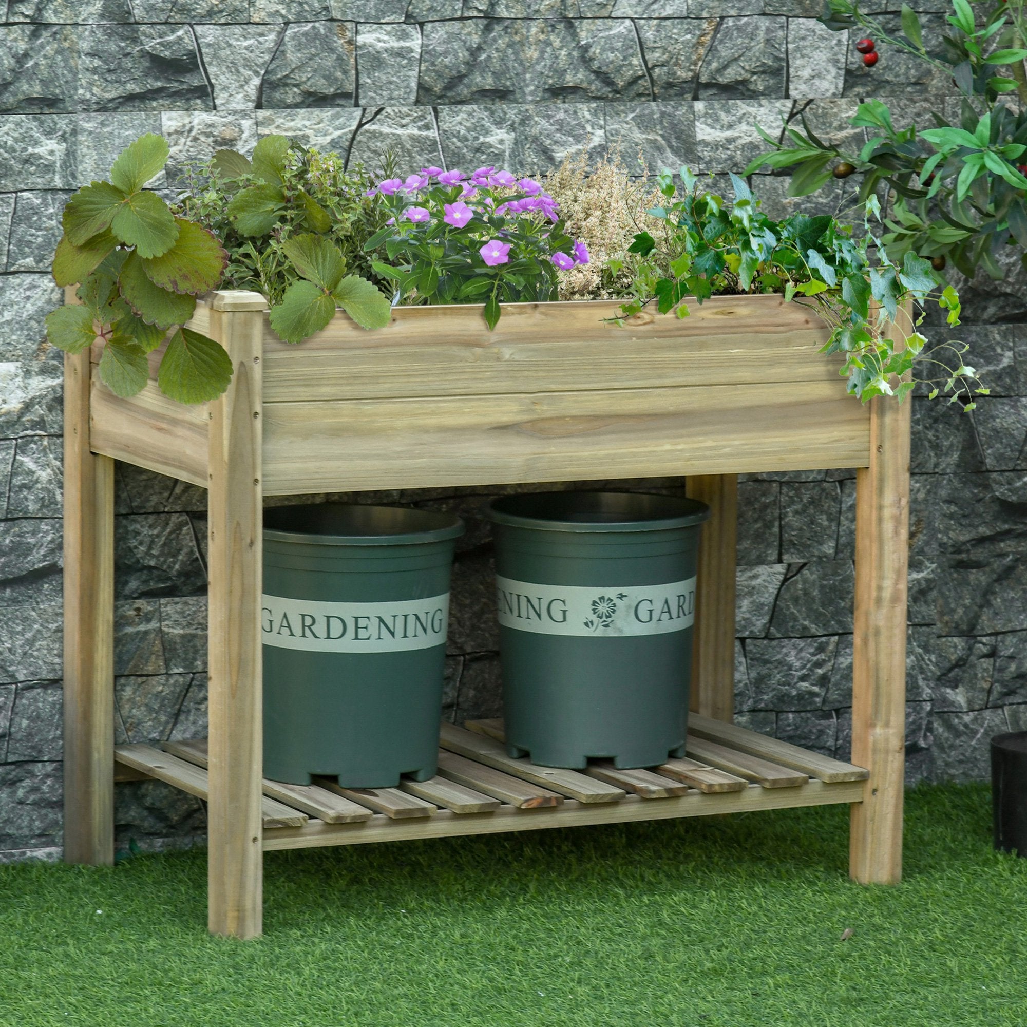 Garden Wooden Planters， Raised Garden Bed with Legs and Storage Shelf Elevated Wooden Planter Box