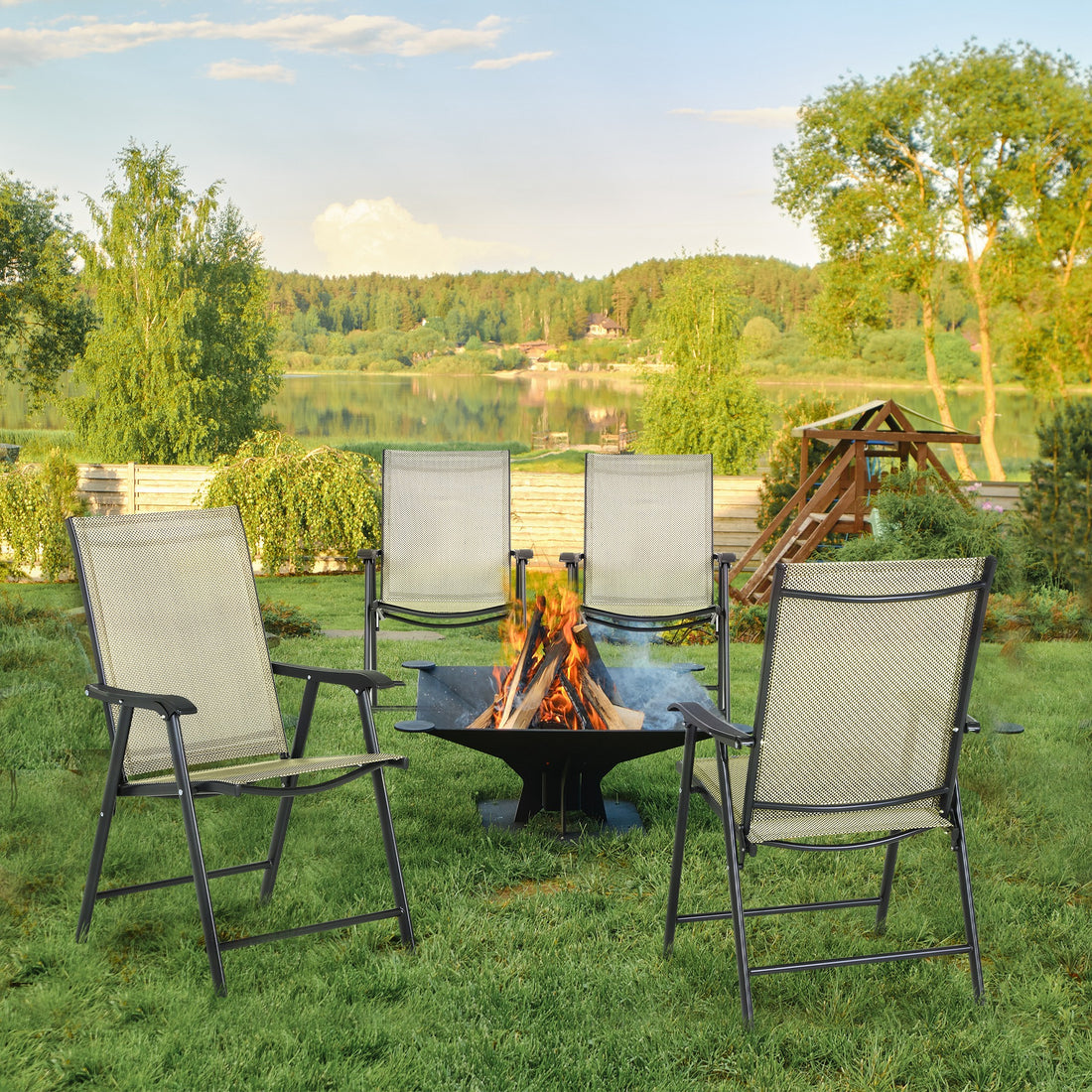 Set of 4 Folding Garden Chairs, Metal Frame Garden Chairs Outdoor Patio Park Dining Seat with Breathable Mesh Seat, Beige