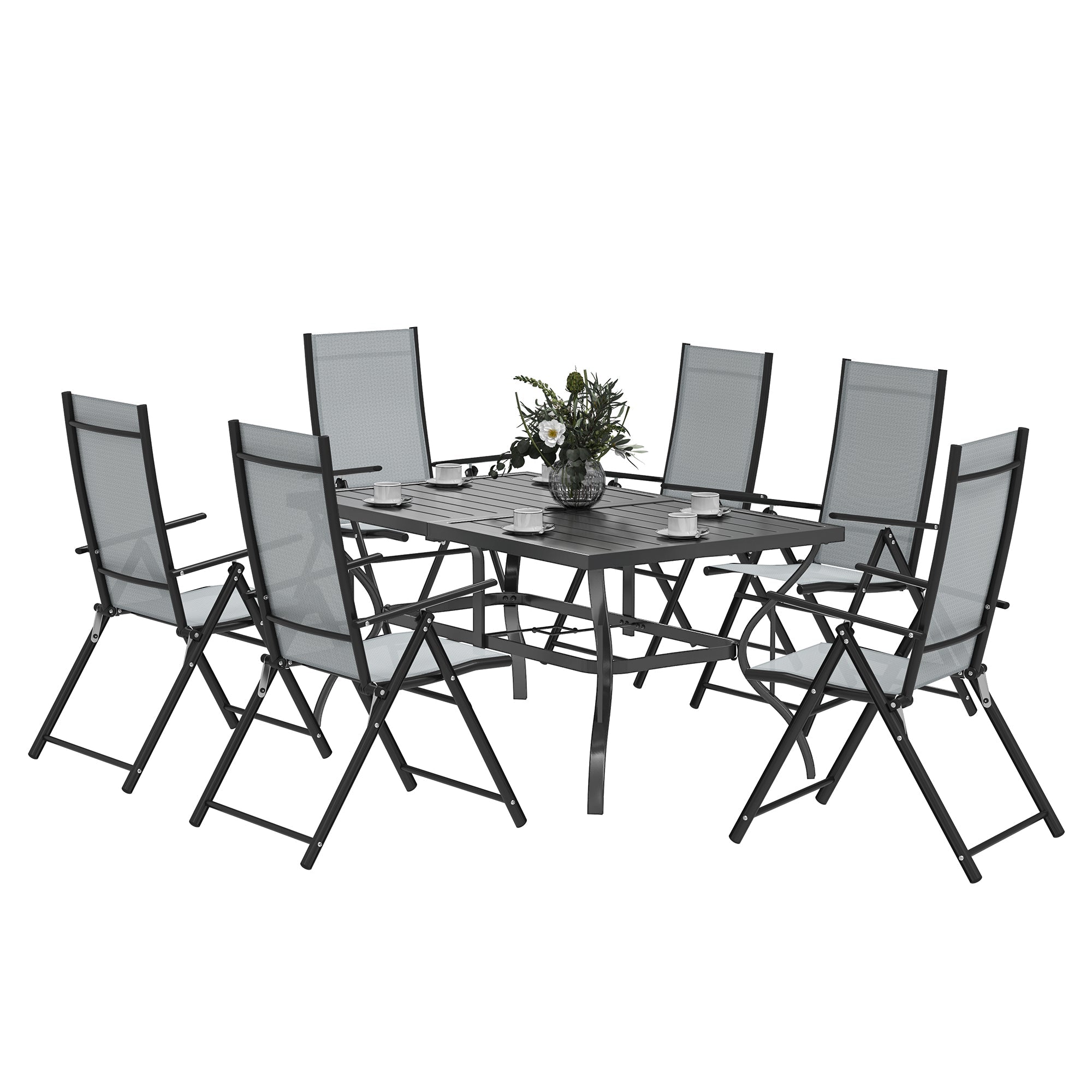 Seven-Piece Steel Outdoor Dining Set, with Parasol Hole - Grey