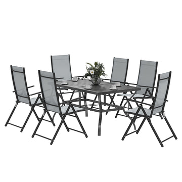 Seven-Piece Steel Outdoor Dining Set, with Parasol Hole - Grey