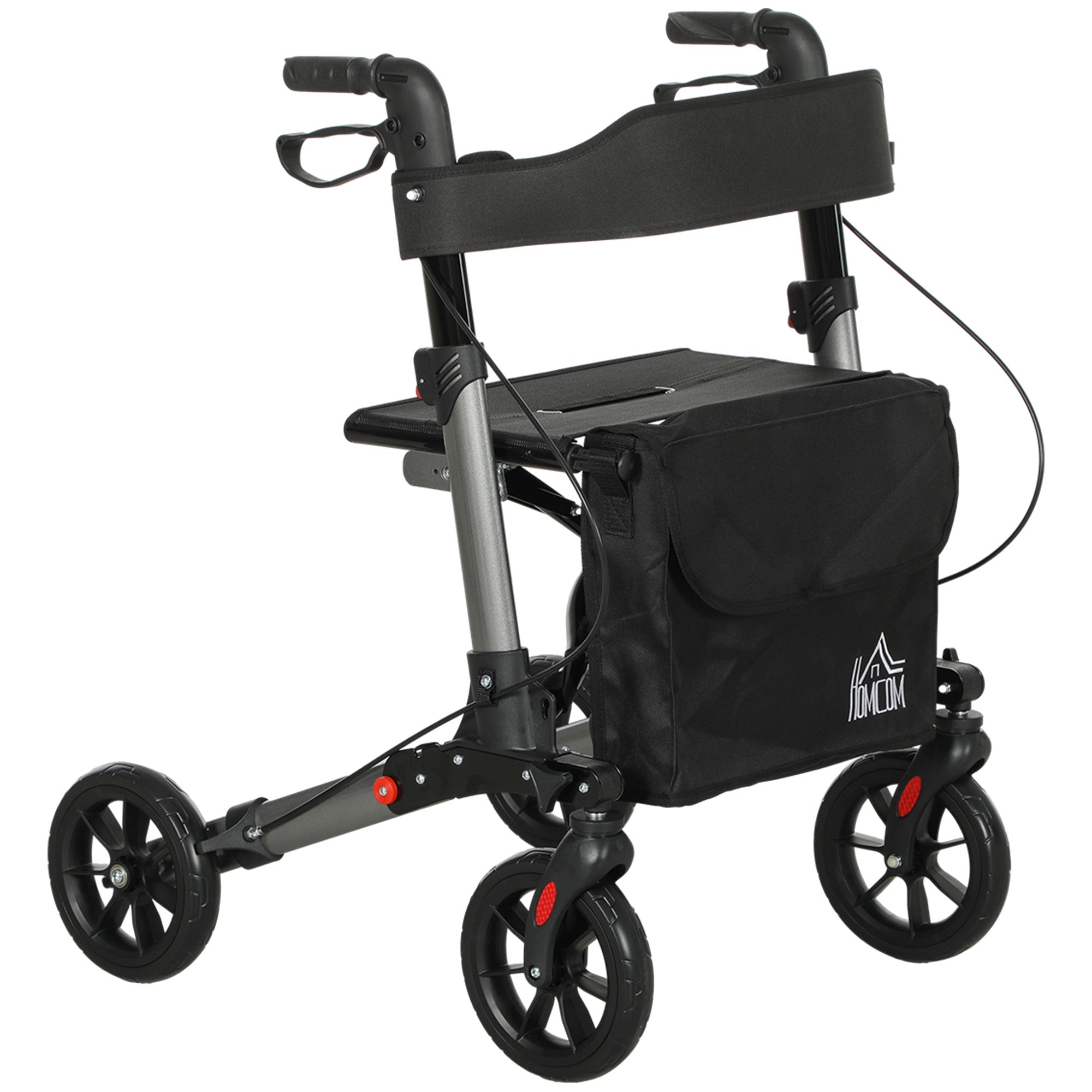 4 Wheel Rollator with Seat and Back, Folding Mobility Walker with Carry Bag, Adjustable Height, Dual Brakes, Cane Holder, Lightweight Aluminium Walking Frame for Seniors and Disabled, Silver