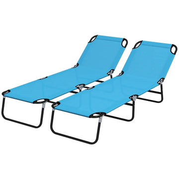 Foldable Sun Lounger Set of 2 with 5-Position Adjustable Backrest, Outdoor Portable Recliner Chaise Lounge Chair with Breathable Mesh Fabric, Sky Blue
