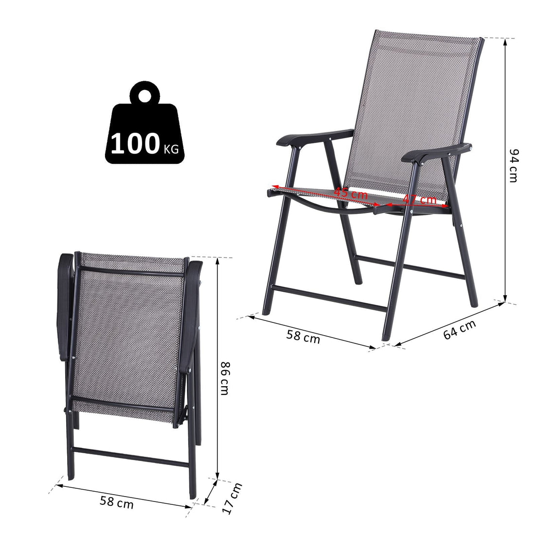 Set of 2 Folding Garden Chairs, Metal Frame Garden Chairs Outdoor Patio Park Dining Seat with Breathable Mesh Seat, Grey