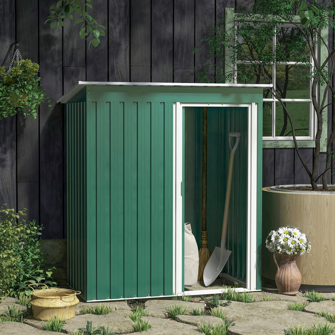 5 x 3ft Garden Storage Shed with Sliding Door and Sloped Roof Outdoor Equipment Tool, Green
