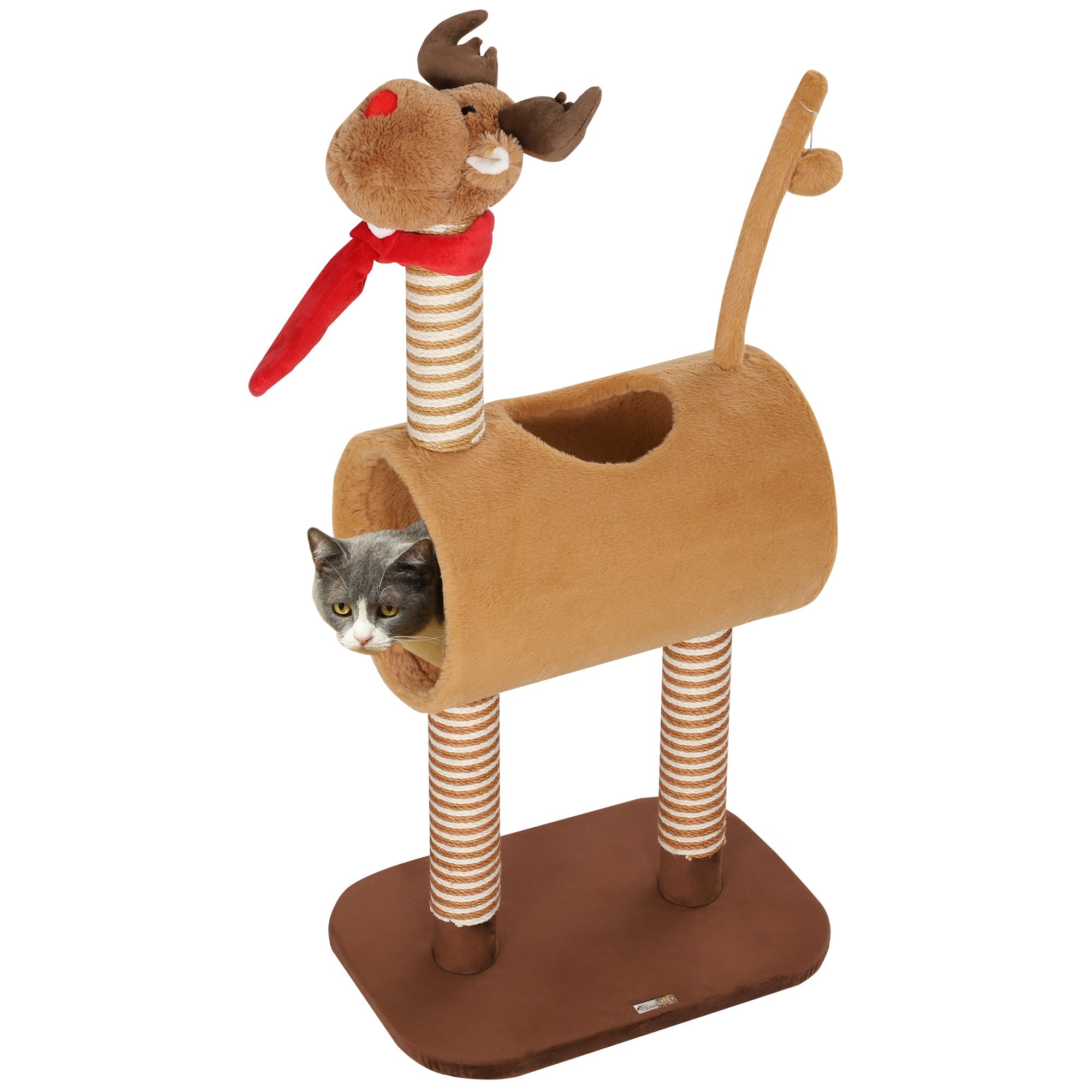 98cm Deer-Designed Cat Tree with Scratching Posts, Toy Ball, Tunnel, Brown