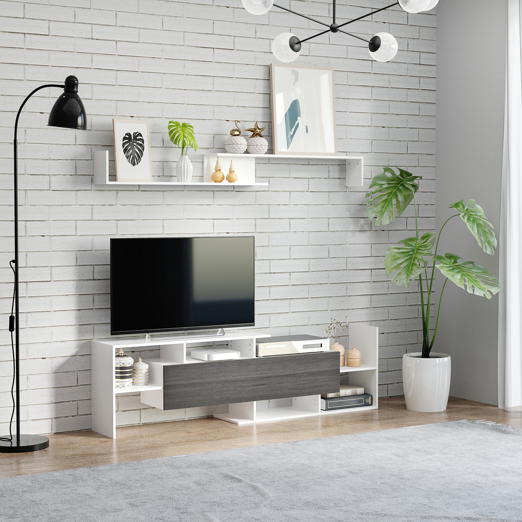 TV Cabinet with Wall Shelf for Wall-Mounted 65" TVs or Standing 40" TVs - White and Grey