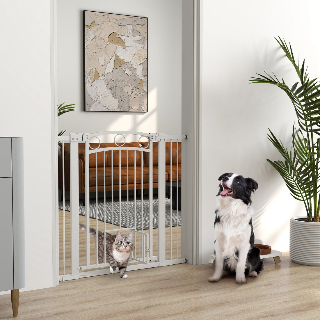 96cm Tall Dog Gate with Cat Door, 7cm and 14cm Extensions, for Stairs, Doorways, 76-104cm Width