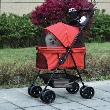 Dog Pram Dog Stroller Foldable Pet Pushchair with 4 Wheels, Safety Leashes, Cup Holder for Small Dogs, Red