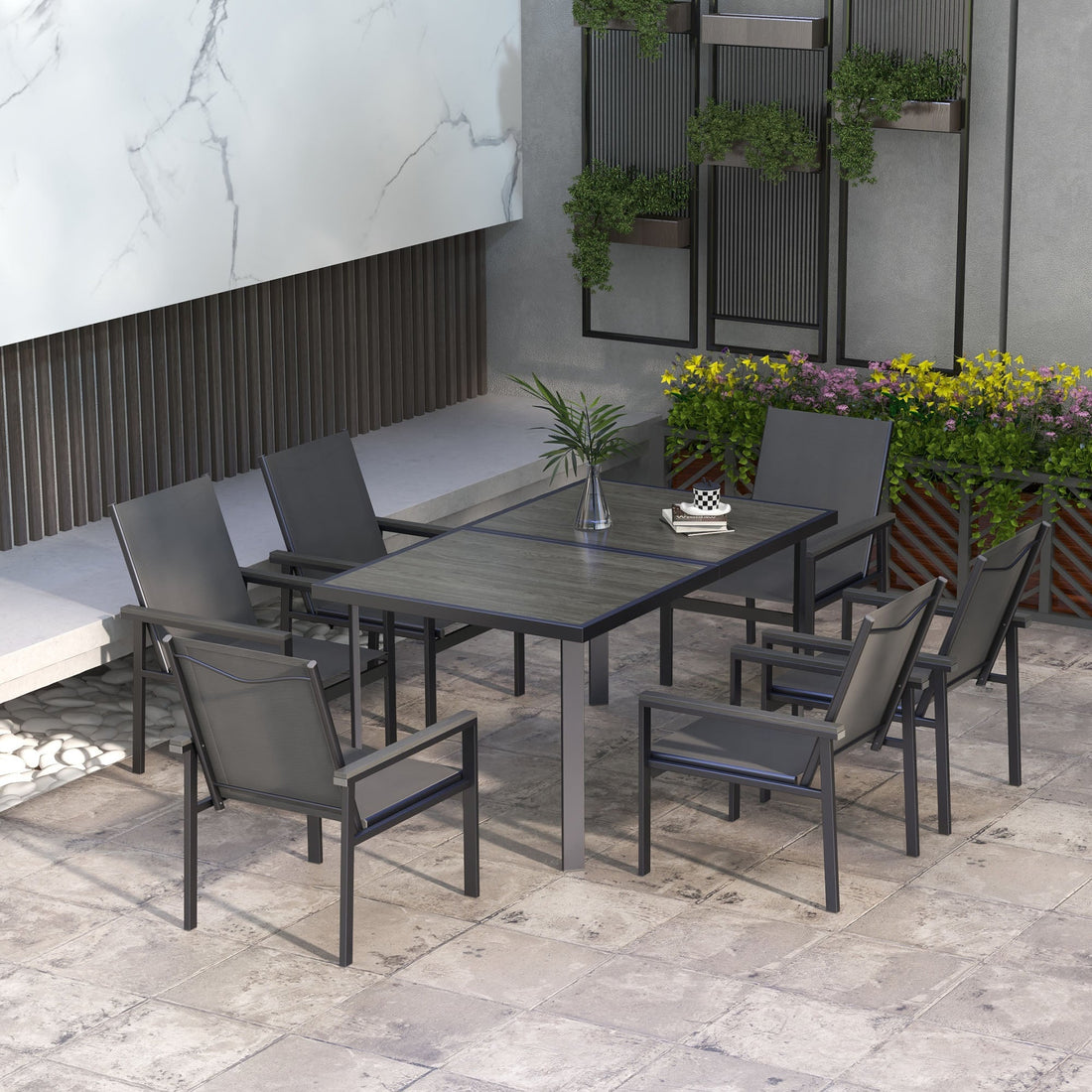 Seven-Piece Metal Dining Set, with Glass-Top Table - Grey