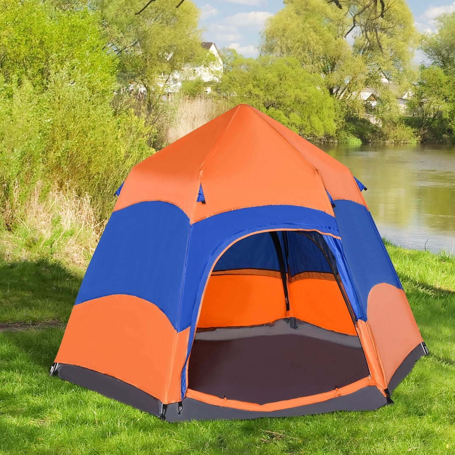 Six Man Hexagon Camping Tent with Hang Hook and Carry Bag - Orange and Blue