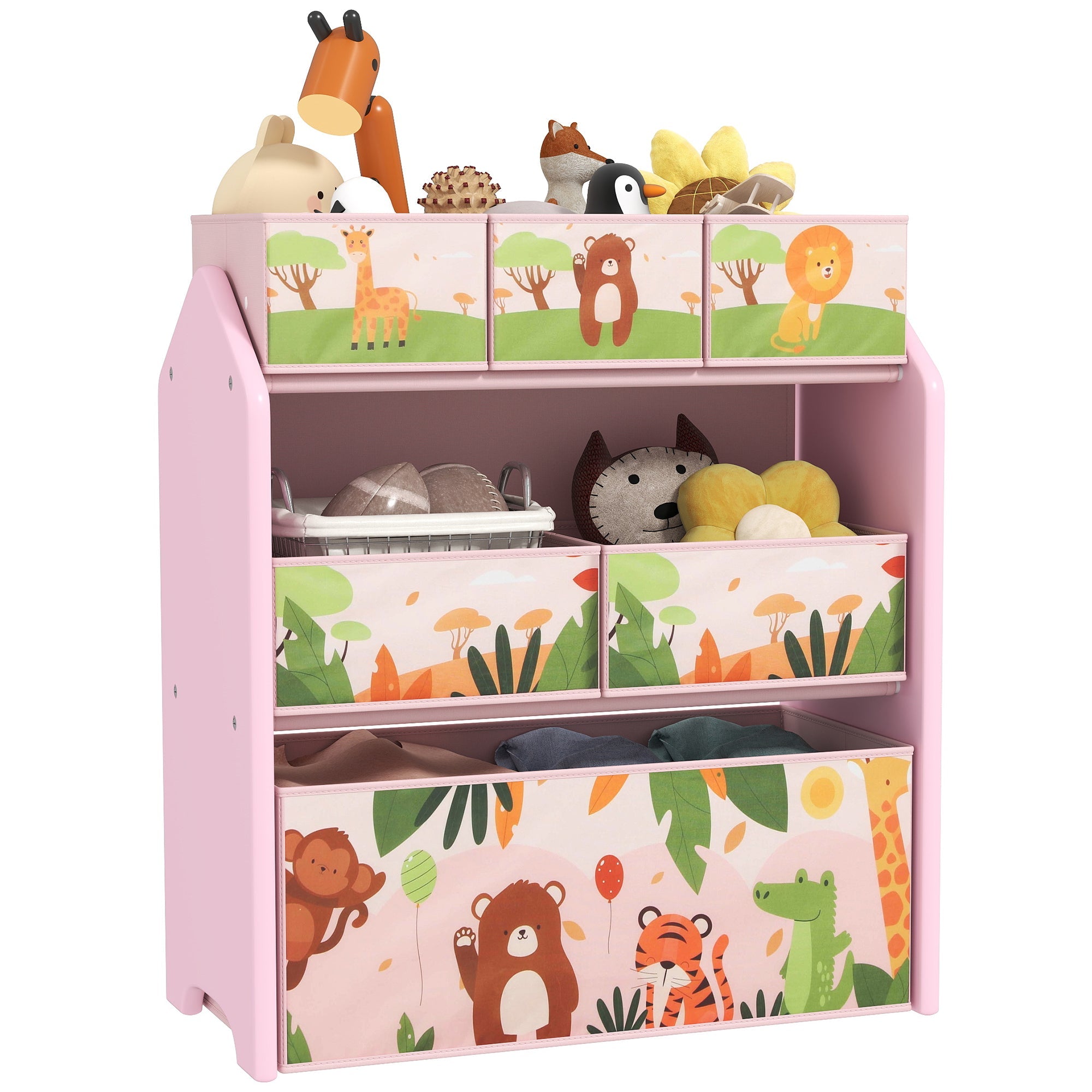 3-Tier Kids Toy Storage Unit with 6 Removable Storage Boxes, for Playroom, Bedroom, Children's Room, Nursery, Pink
