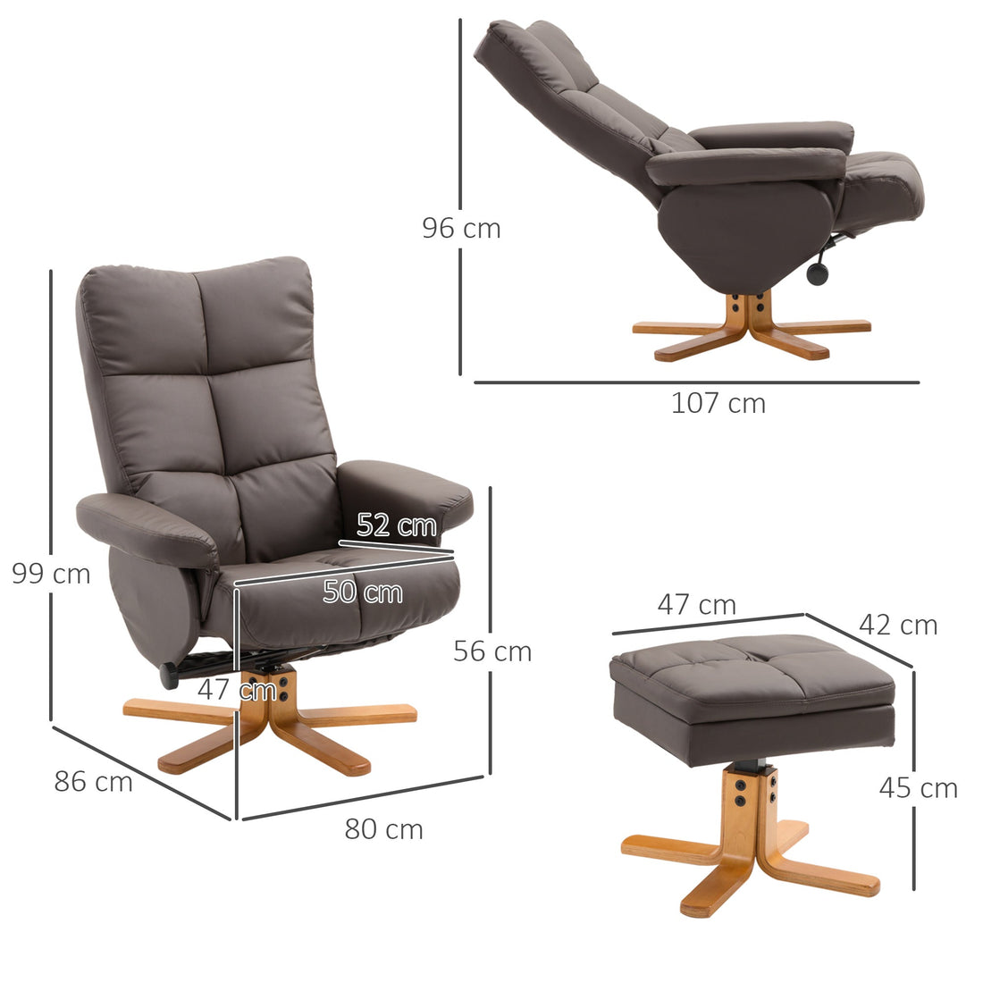 Recliner Armchair, Swivel Reclining Chair With Ottoman, Swivel Faux Leather Chair with Wooden Base and Storage Footstool for Living Room, Brown