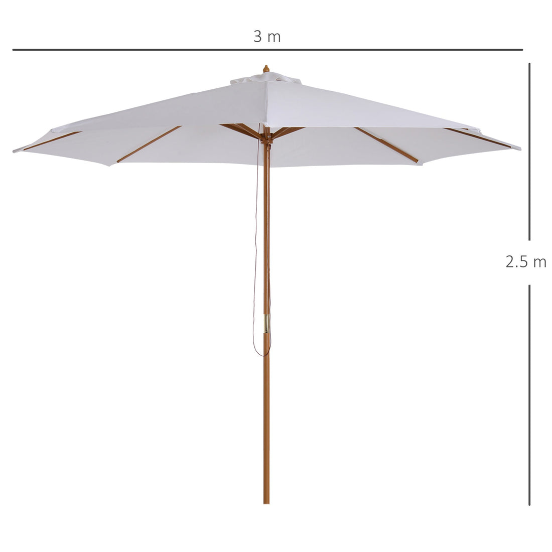 3(m) Garden Parasol, Pulley Operated Patio Umbrella, Wooden Table Market Umbrella with Rope Pulley Mechanism and 8 Ribs, Cream White