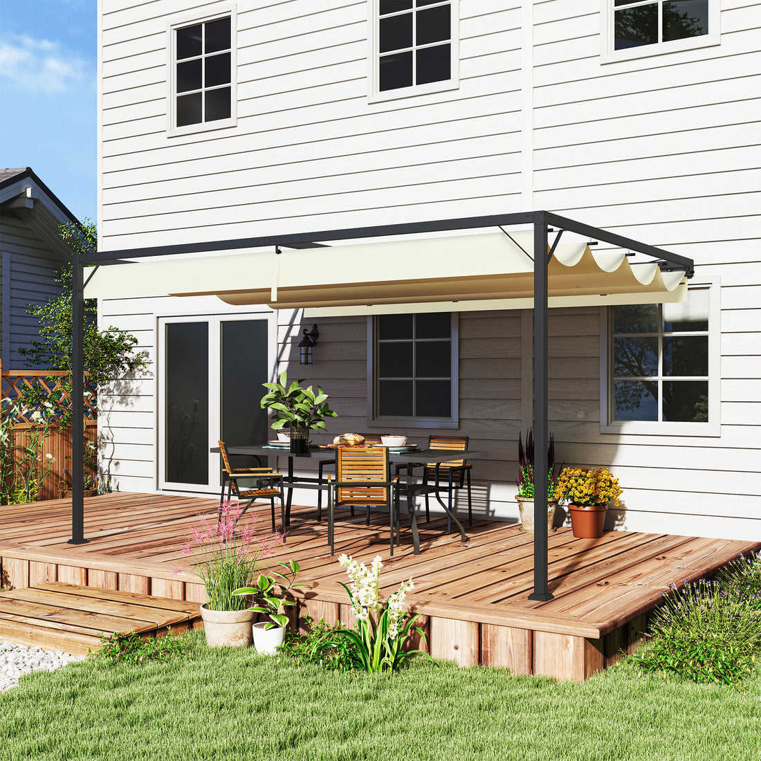 4 x 3(m) Outdoor Pergola Retractable Canopy Wall Mounted Gazebo Patio Shelter Sun Shade, Cream White