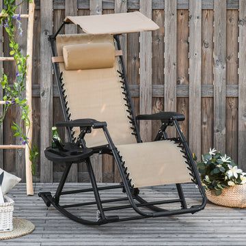 Garden Rocking Chair Folding Recliner Outdoor Adjustable Sun Lounger Rocker Zero-Gravity Seat with Headrest Side Holder Patio Deck - Beige