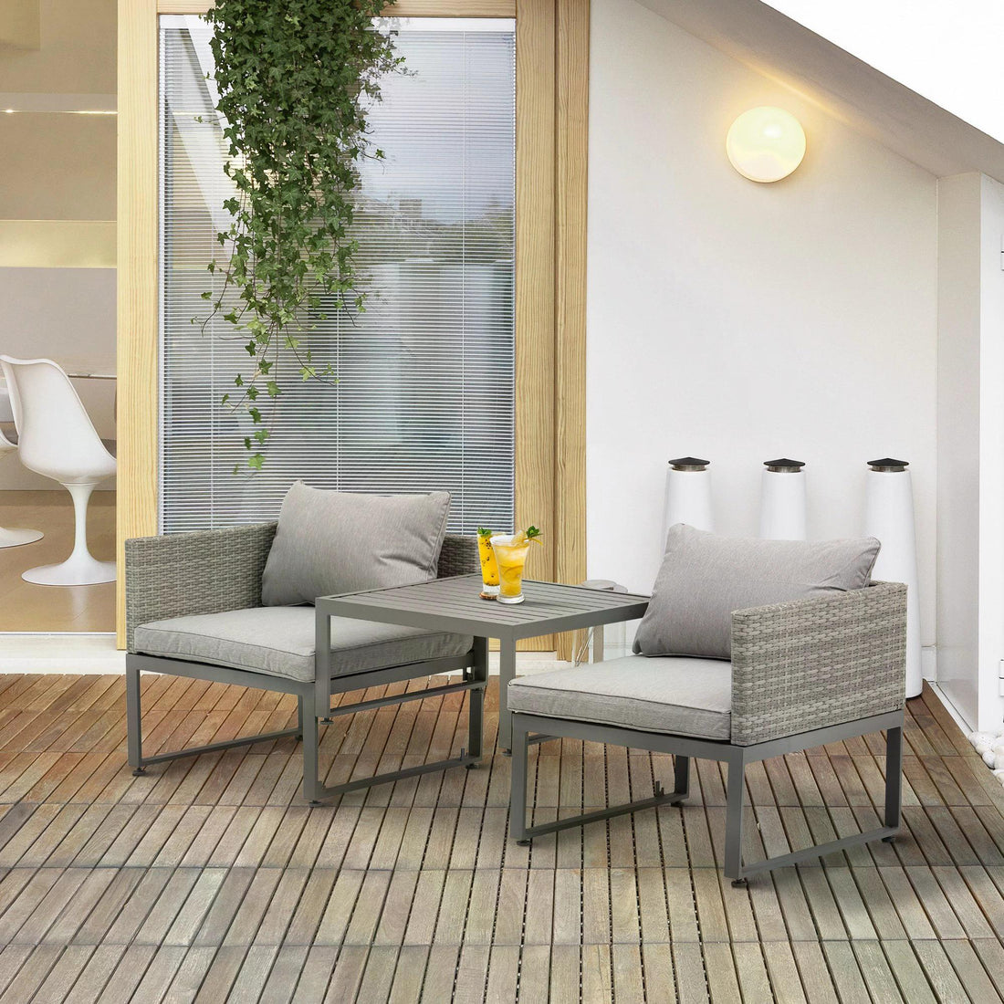 3-in-1 Rattan Bistro Set, Wicker Garden Furniture Set with 2-level Rising Table, Adjustable 3-seater Sofa Lounger with Washable Cushions for Outdoor, Patio, Balcony, Grey