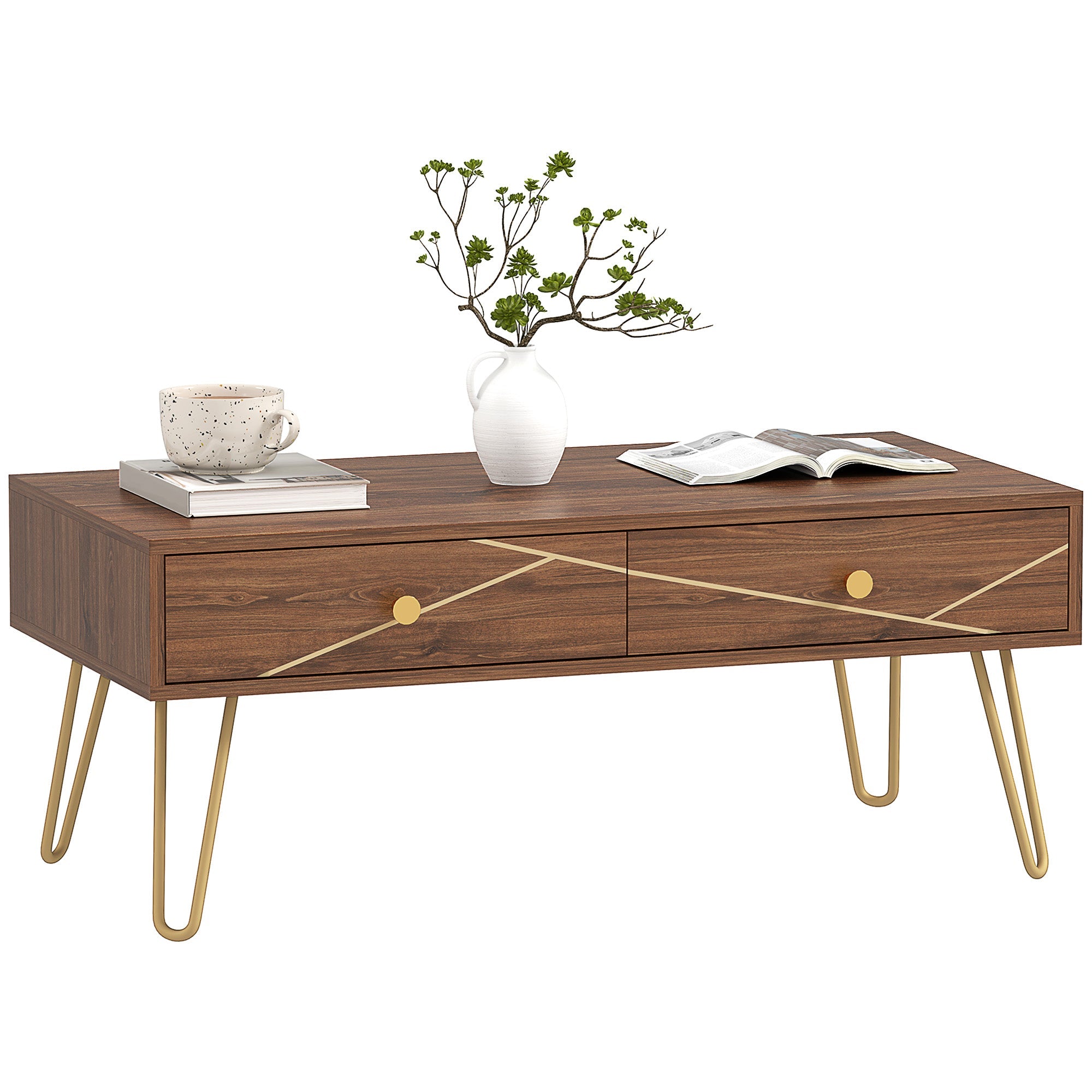 Coffee Table with Storage, Living Room Table with Drawers, Rectangular Tea Table with Steel Base for Home, 100 x 50 x 41 cm, Brown