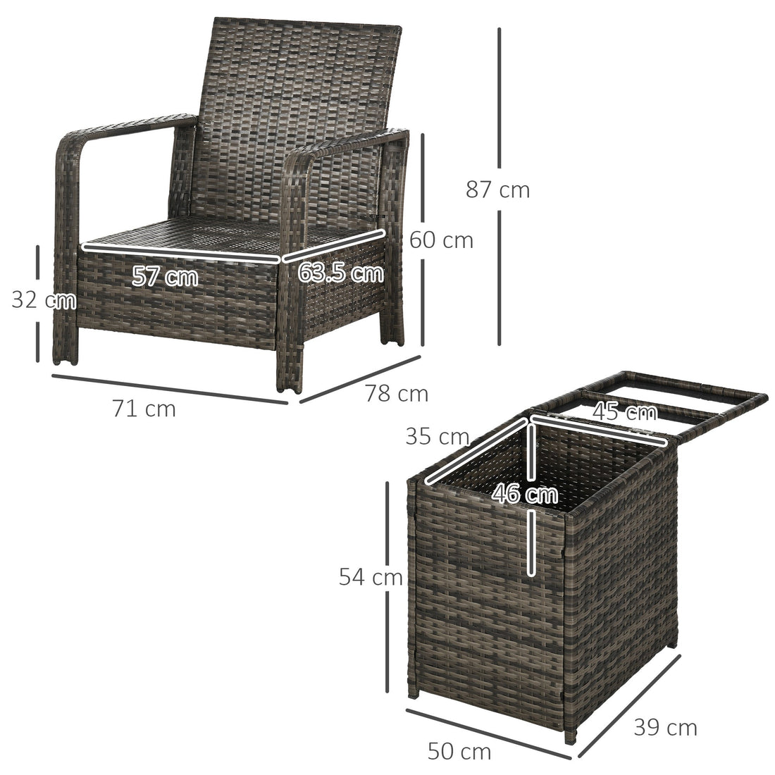 3 Pieces Rattan Bistro Set, Wicker Garden Furniture Set with Storage Coffee Table and Chairs, Thickened Cushions for Outdoor, Patio, Balcony, Orange