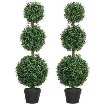 Set of 2 Decorative Artificial Trees, Topiary Ball-shaped Boxwood Trees in Pot, Fake Plants for Home Indoor outdoor Decor, 100cm, Green