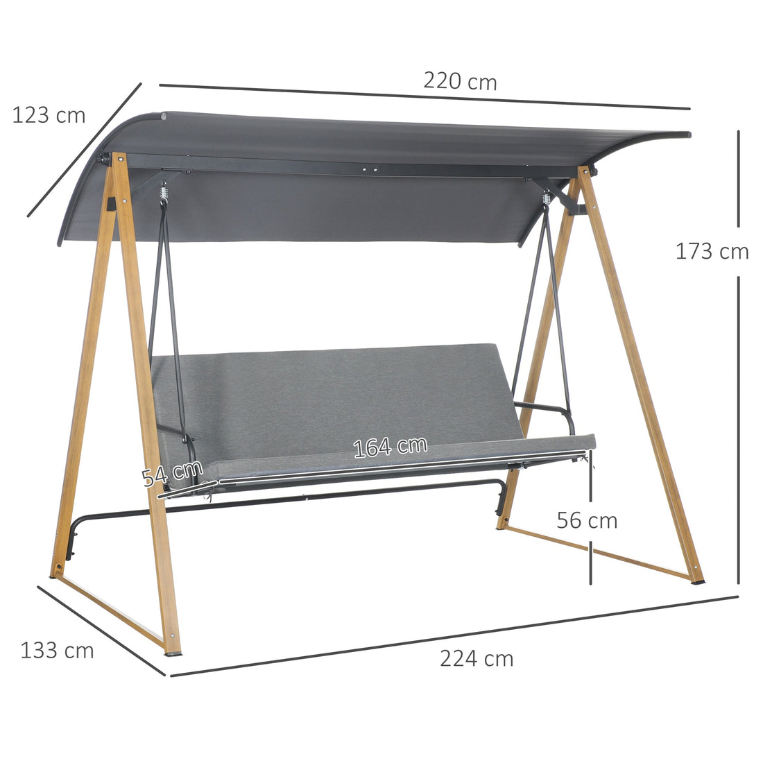 3 Seater Swing Chair, Garden Swing Bench with Adjustable Canopy, Cushioned Seat and Weather Resistant Steel Frame for Patio, Yard