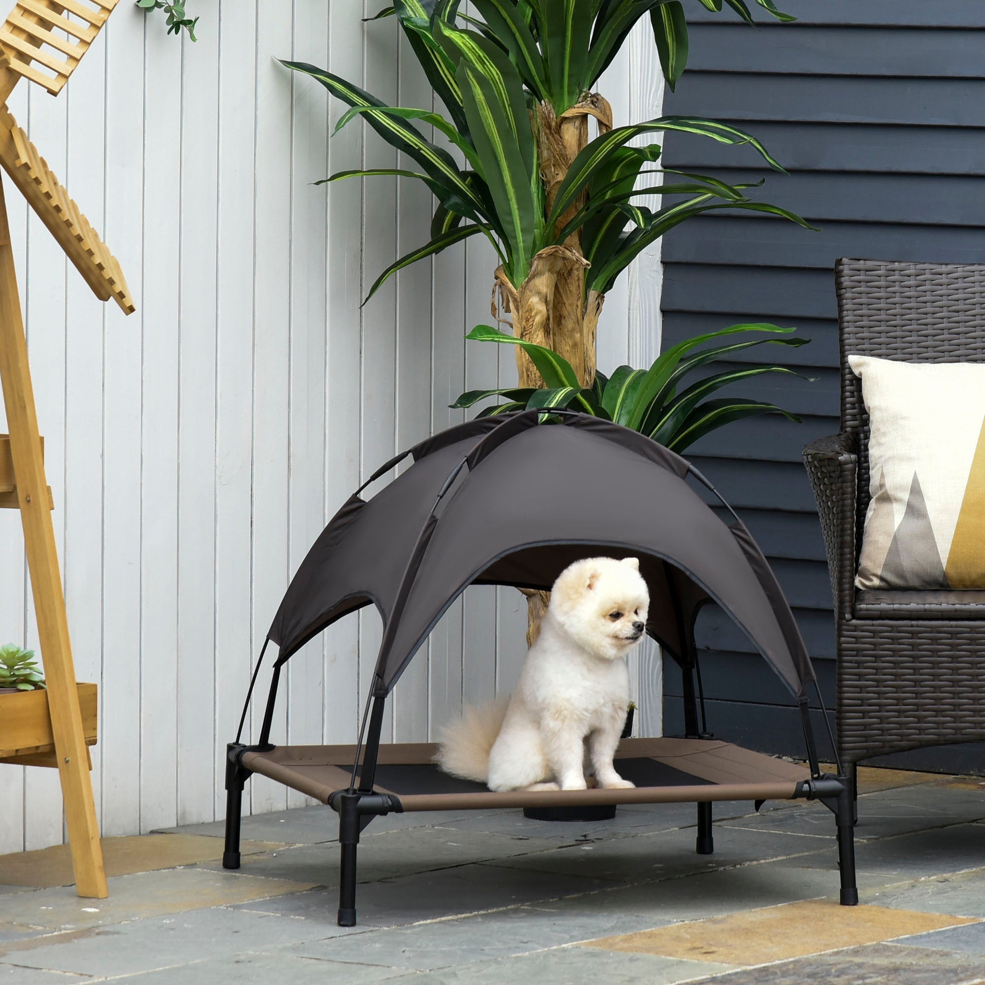 Raised Dog Bed Waterproof Elevated Pet Cot with Breathable Mesh UV Protection Canopy Coffee, for Medium Dogs, 76 x 61 x 73cm