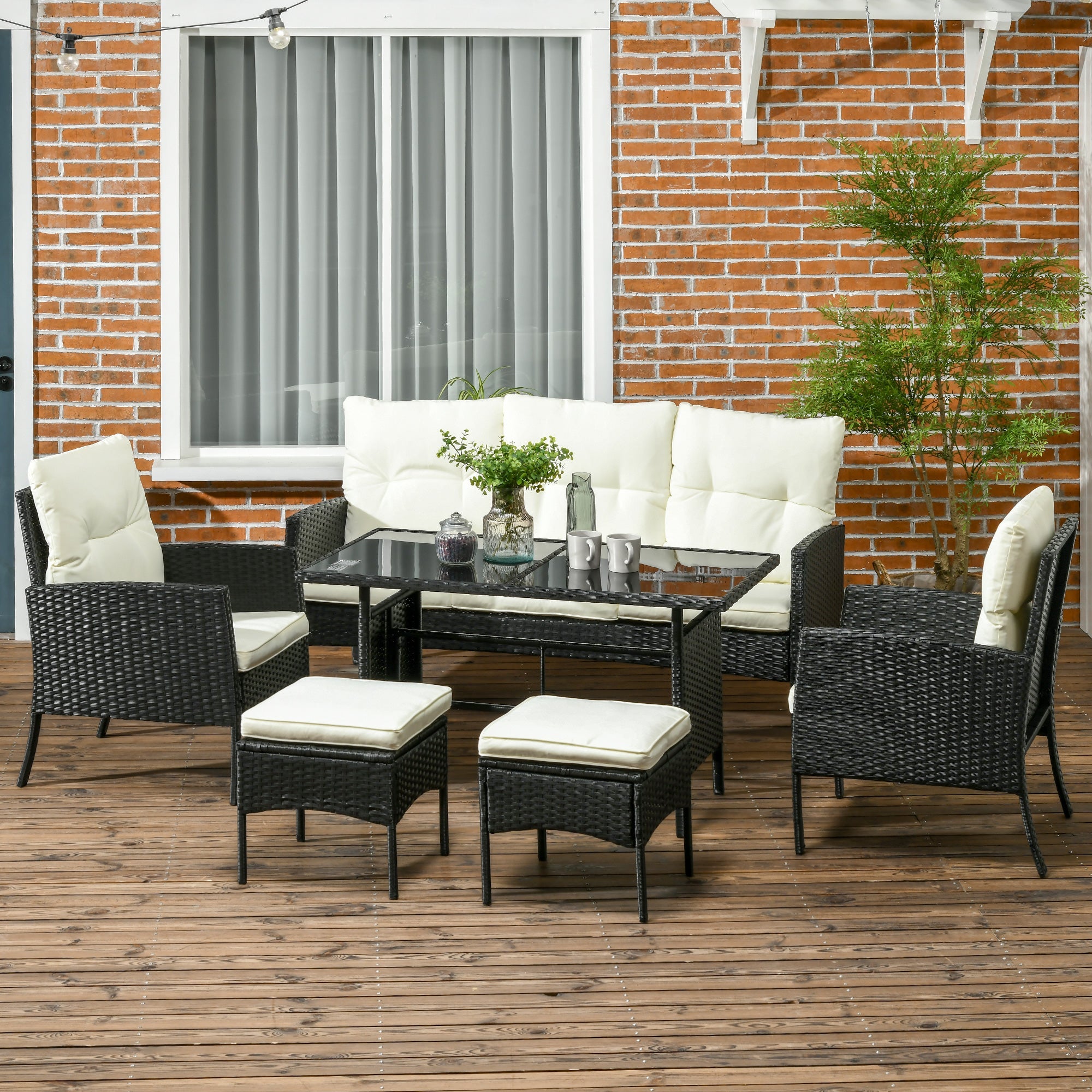 5 Seater Rattan Garden Furniture Set, 2 Armchairs, 3-Seater Wicker Sofa, 2 Footstools and Glass Table, 6 Piece Patio Rattan furniture Sofa Sets with Cushions for Conservatory, White