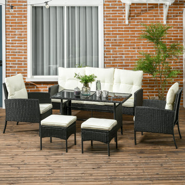 5 Seater Rattan Garden Furniture Set, 2 Armchairs, 3-Seater Wicker Sofa, 2 Footstools and Glass Table, 6 Piece Patio Rattan furniture Sofa Sets with Cushions for Conservatory, White