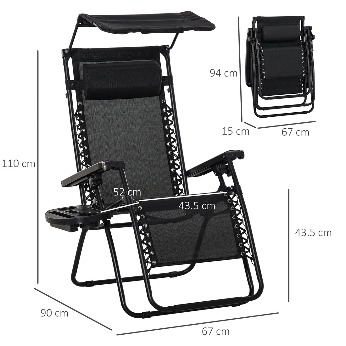 Folding Zero Gravity Sun Lounger, with Sun Canopy - Black