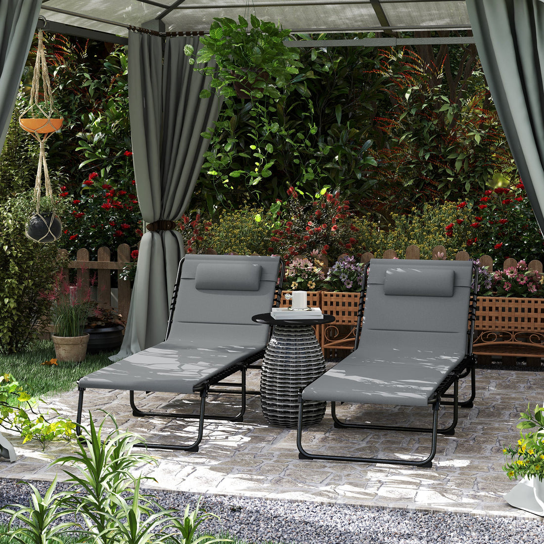Folding Sun Loungers Set of 2, Recliner Garden Chairs with Quick Drying Pad Headrest Side Pocket, Garden Sun Loungers for Beach Pool, Charcoal Grey