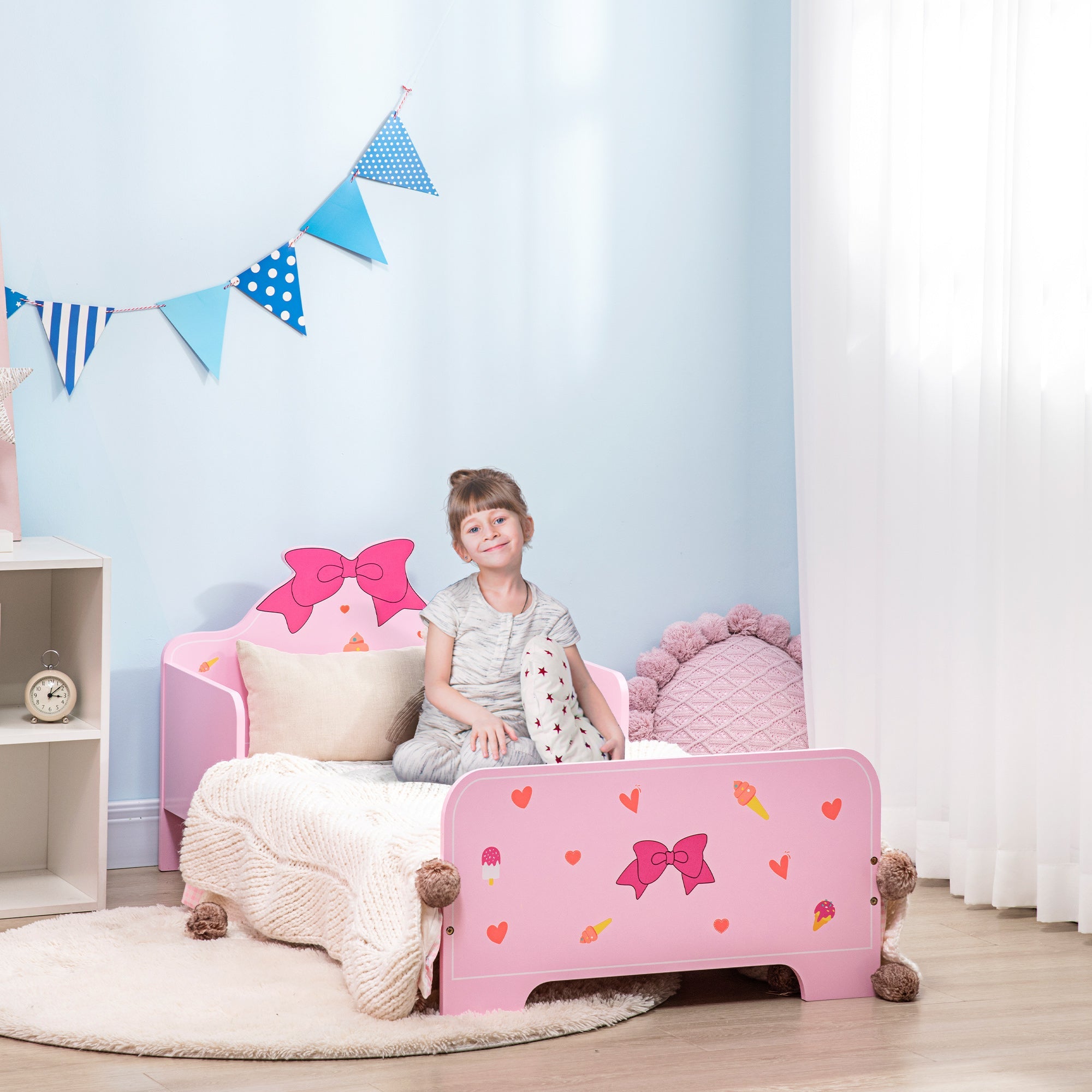Princess-Themed Kids Toddler Bed w/ Cute Patterns, Safety Rails, for Ages 3-6 Years - Pink