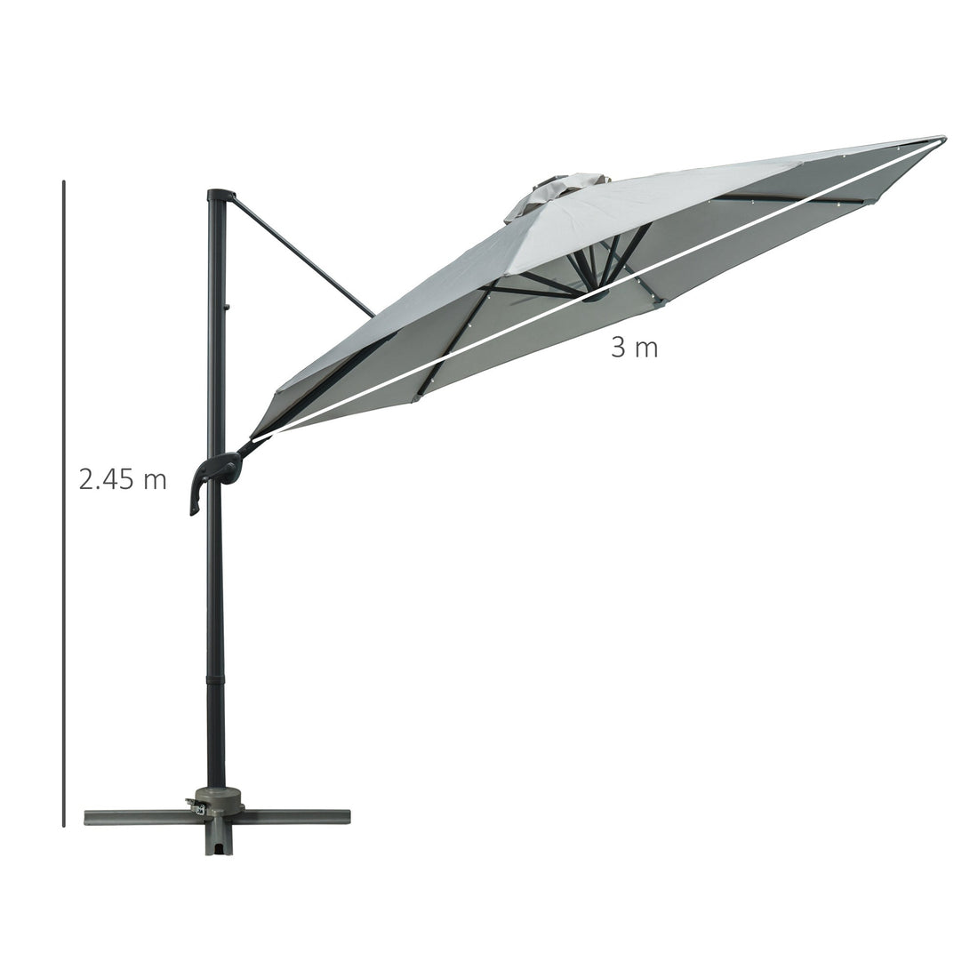 3(m) LED Cantilever Parasol Garden Sun Umbrella w/ Cross Base and Solar Lights Grey