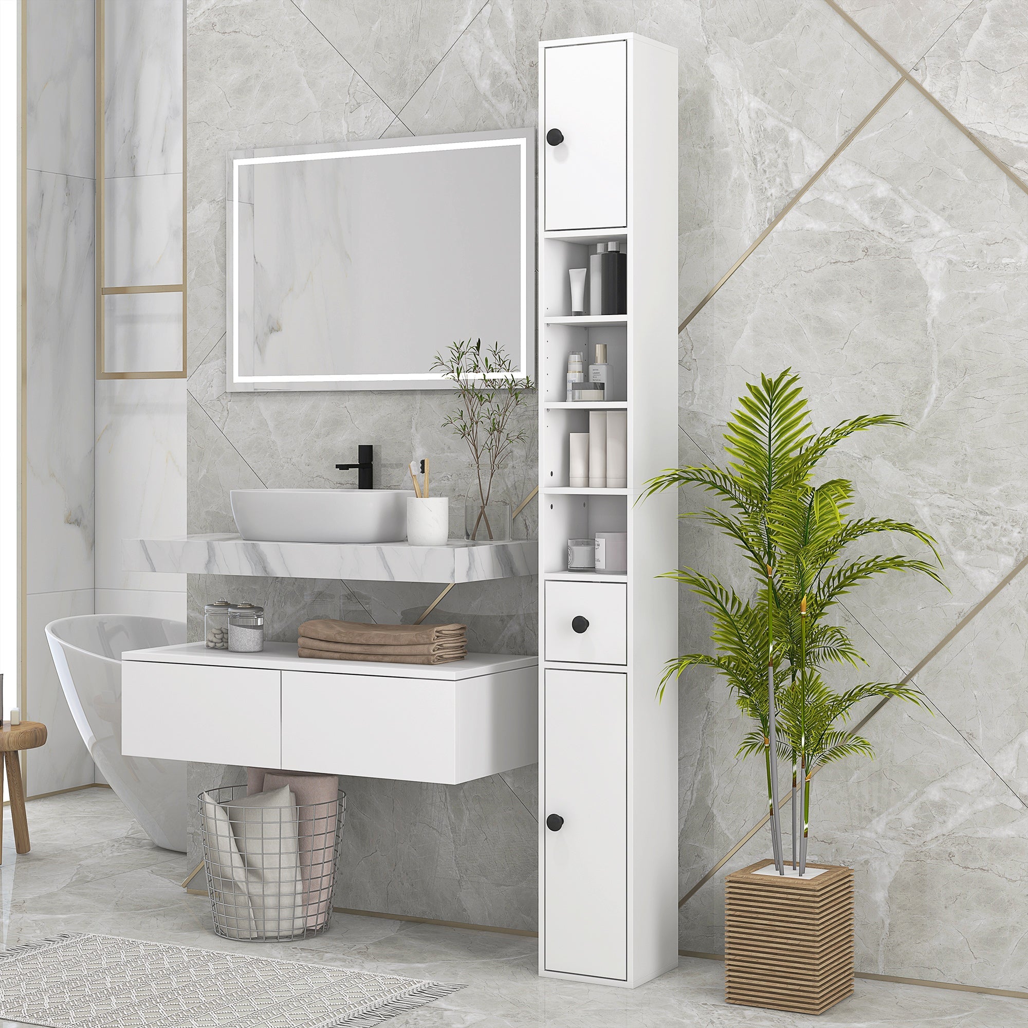 180cm Tall Bathroom Cabinet, Slim Bathroom Storage Cabinet with 4 Open Shelves, 2 Door Cupboards and Adjustable Shelves, White