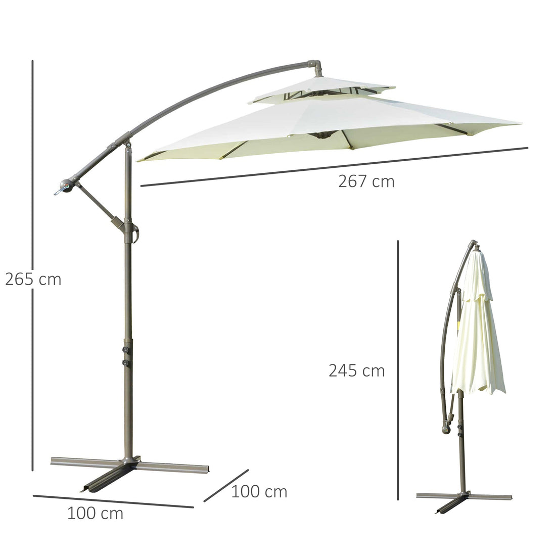 2.7m Garden Banana Parasol Cantilever Umbrella with Crank Handle, Double Tier Canopy and Cross Base for Outdoor, Hanging Sun Shade, Beige