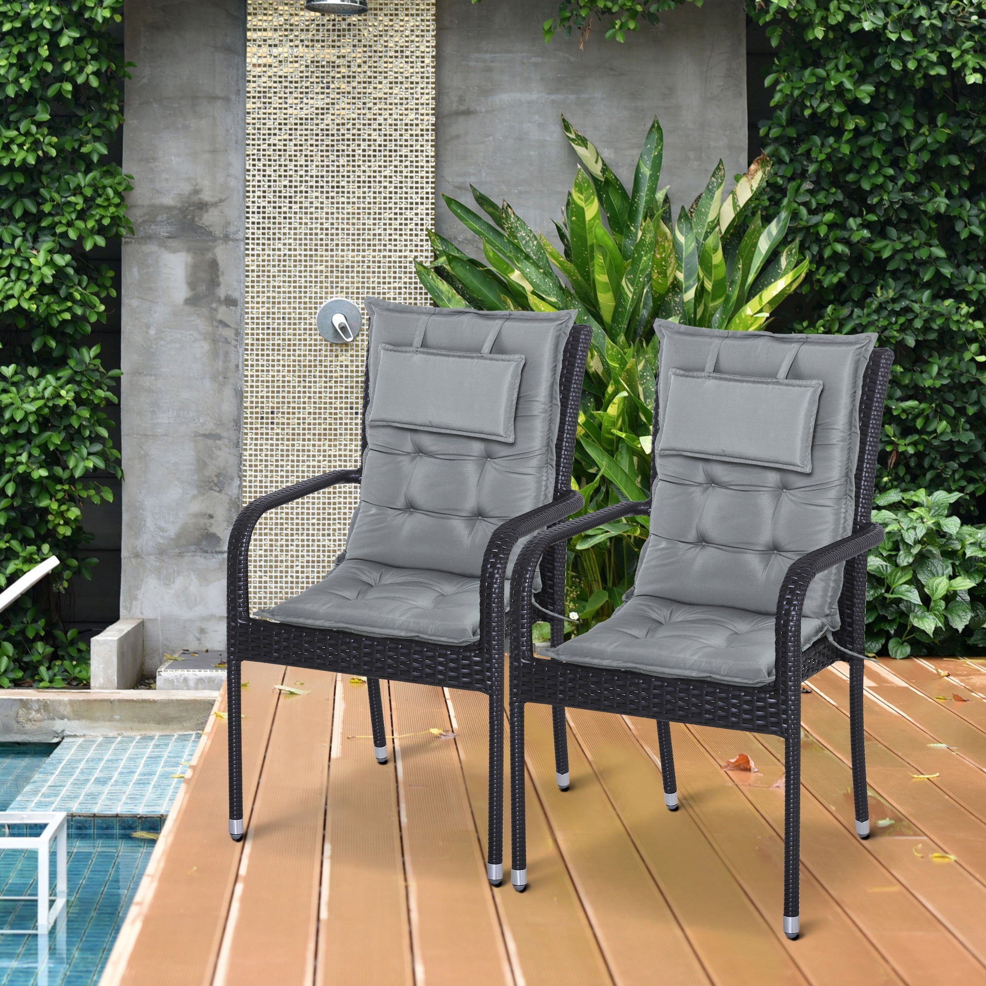 Set of 2 Outdoor Chair Cushions, High Back Padded Patio Chair with Pillow for Indoor and Outdoor Use, Dark Grey